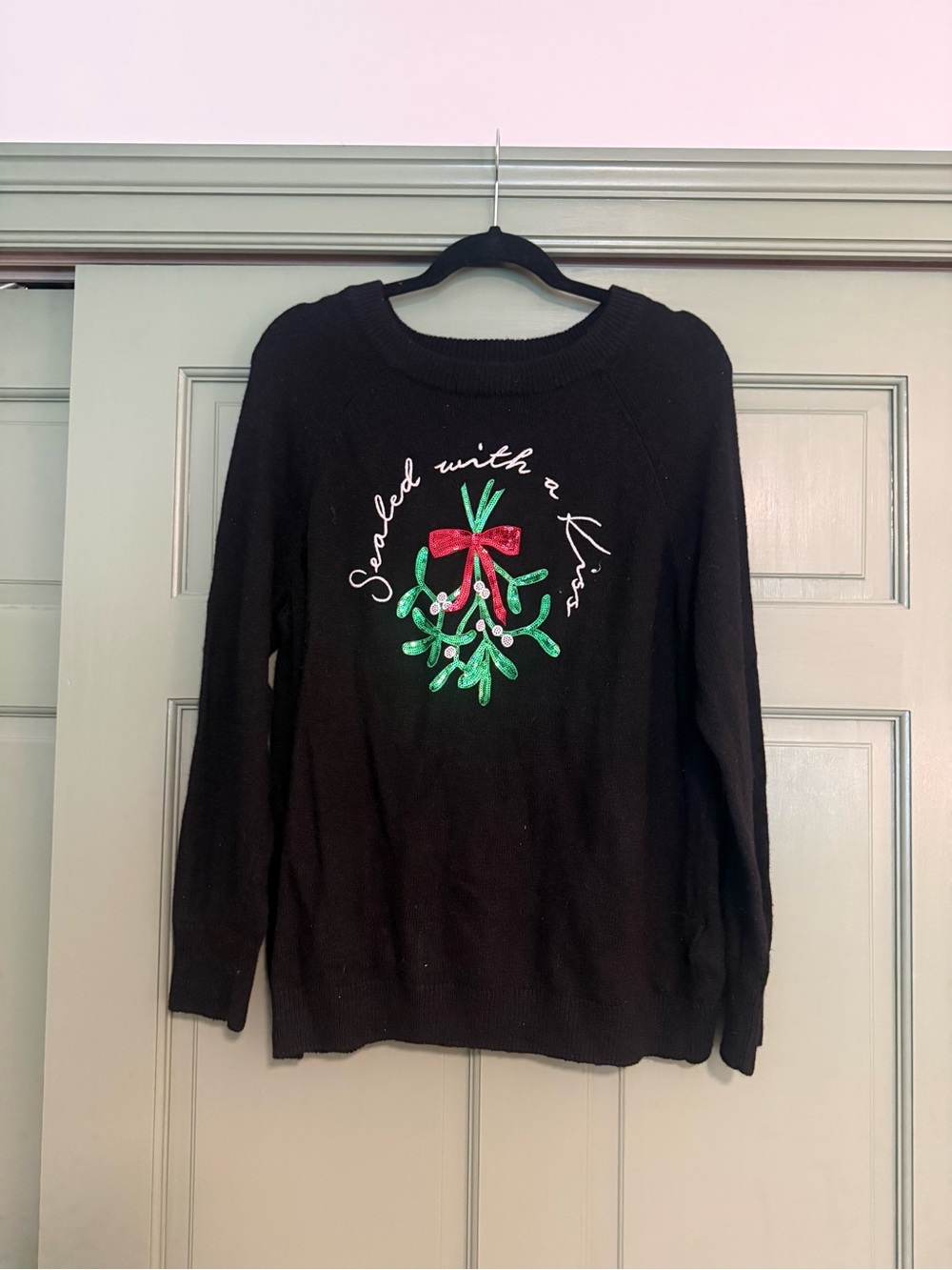 H&M Black Crewneck Sweater with Green Mistletoe and Red Bow